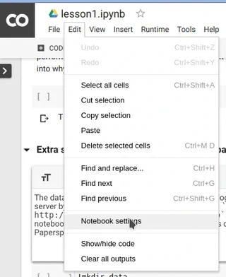 Open Jupyter notebook settings of Google Colaboratory