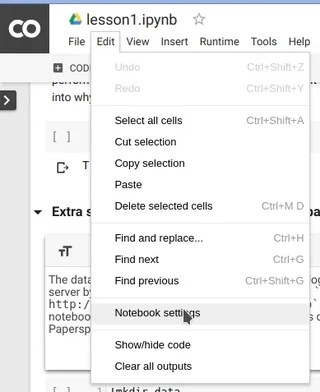 Open Jupyter notebook settings of Google Colaboratory