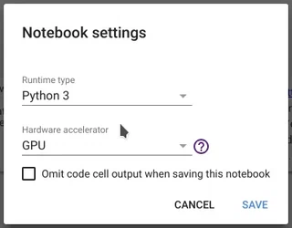 Select a free Tesla K80 GPU in Jupyter notebook settings of Google Colaboratory